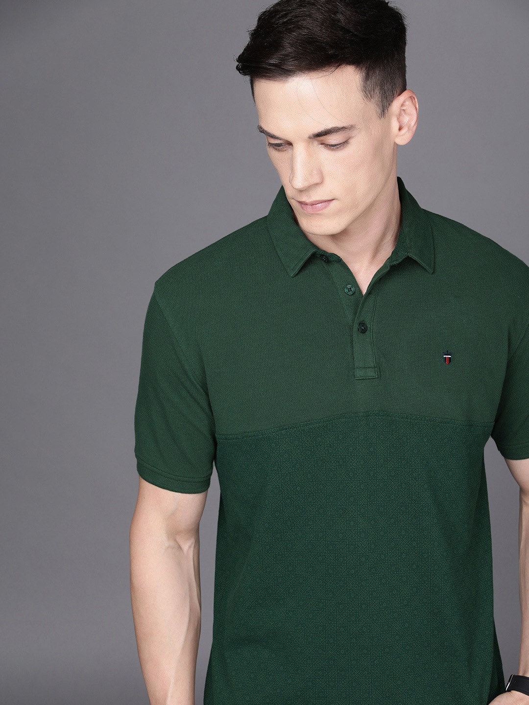 

Louis Philippe Sport Men Olive Green Self Design Polo Collar Pure Cotton Slim Fit T-shirt