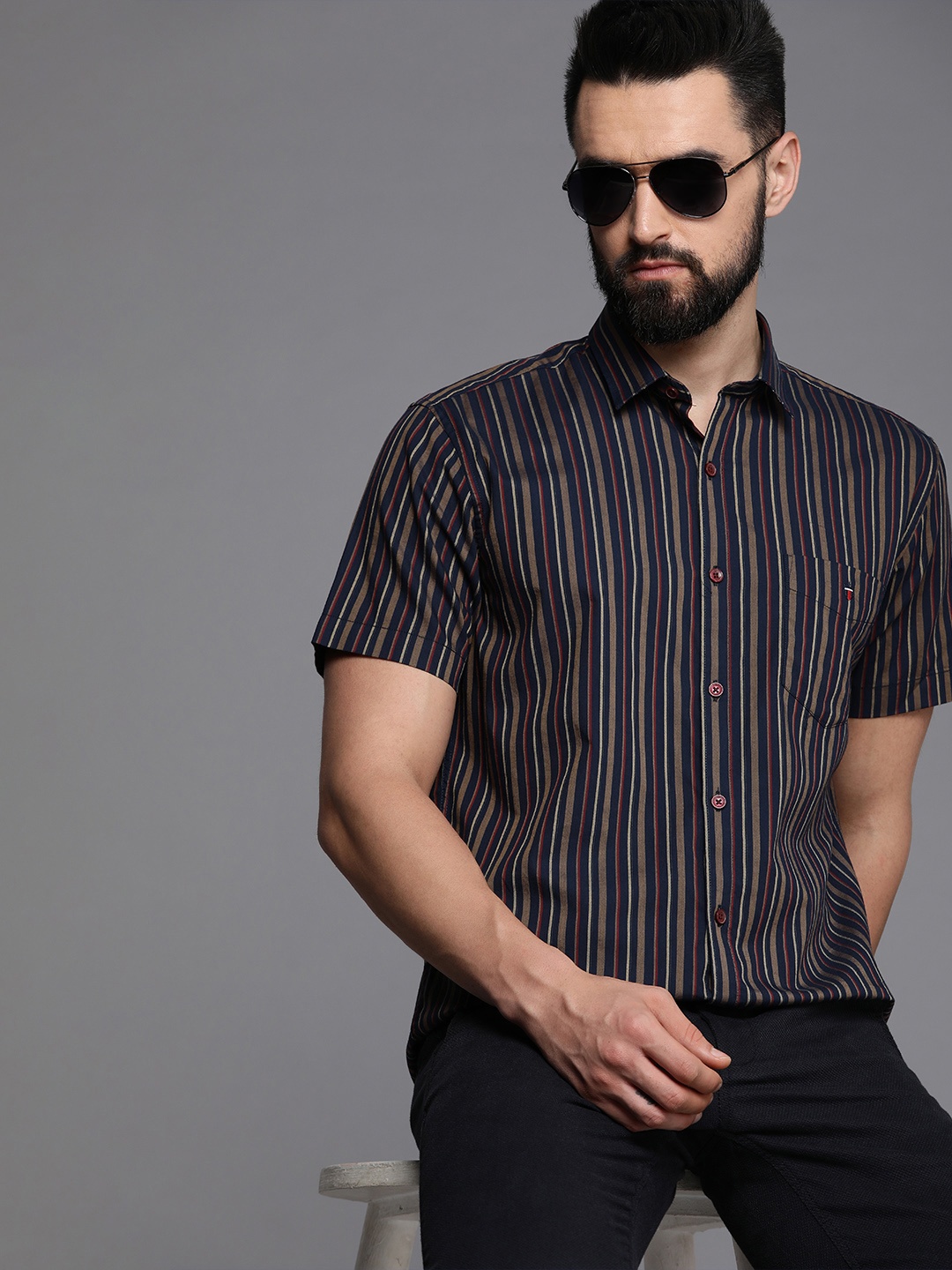 

Louis Philippe Sport Men Slim Fit Striped Pure Cotton Casual Shirt, Navy blue