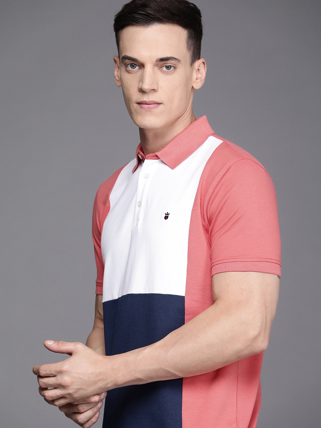 

Louis Philippe Sport Men Peach & Navy Blue Colourblocked Polo Collar Slim Fit T-shirt