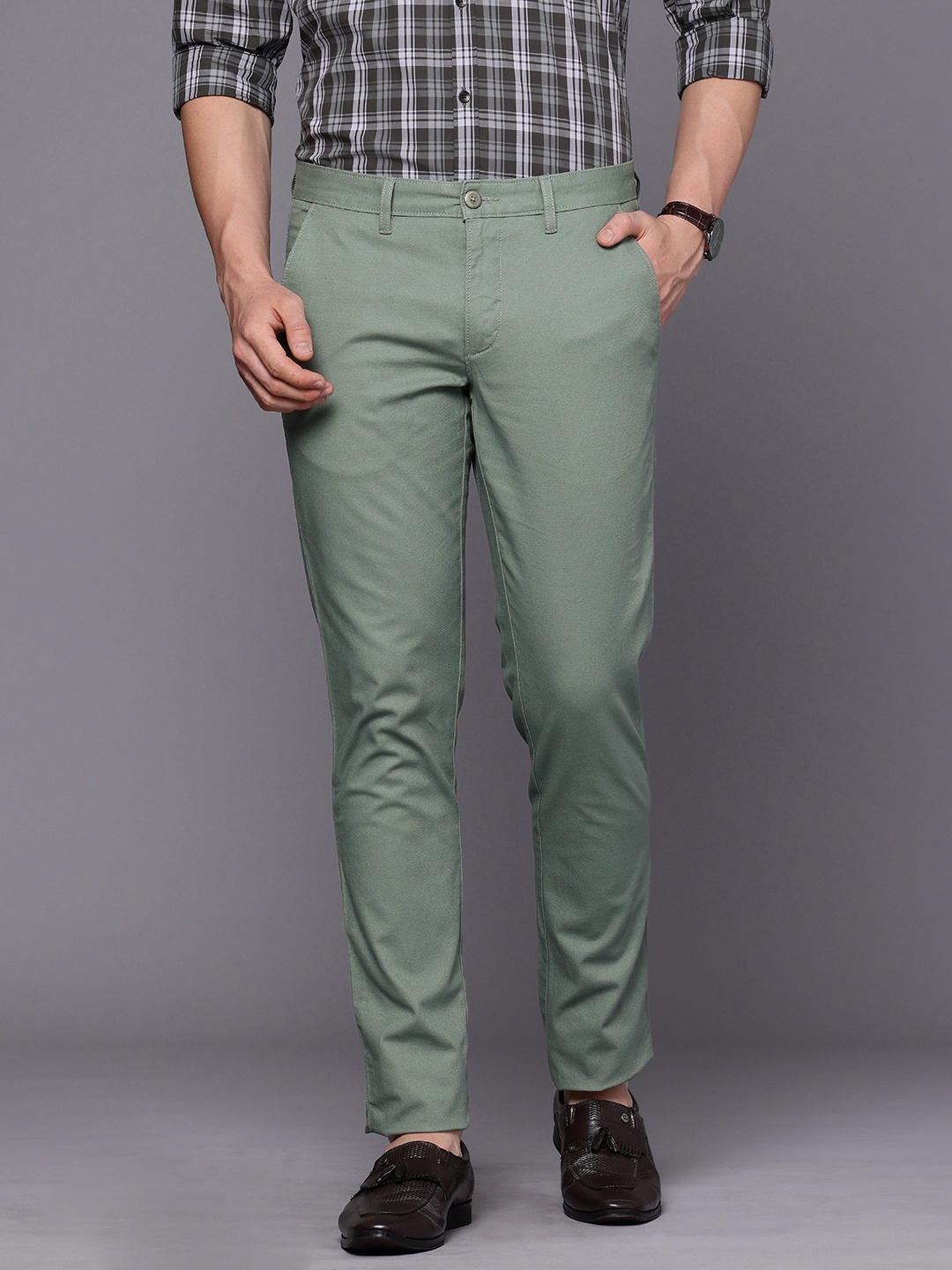 

Louis Philippe Sport Men Textured Comfort Slim Fit Chinos Trousers, Green