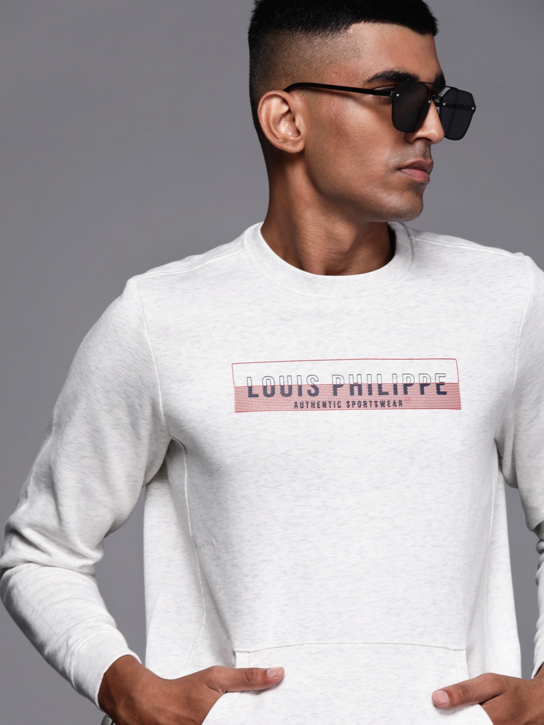 

Louis Philippe Sport Men Knitted Printed Sweatshirt, Grey melange