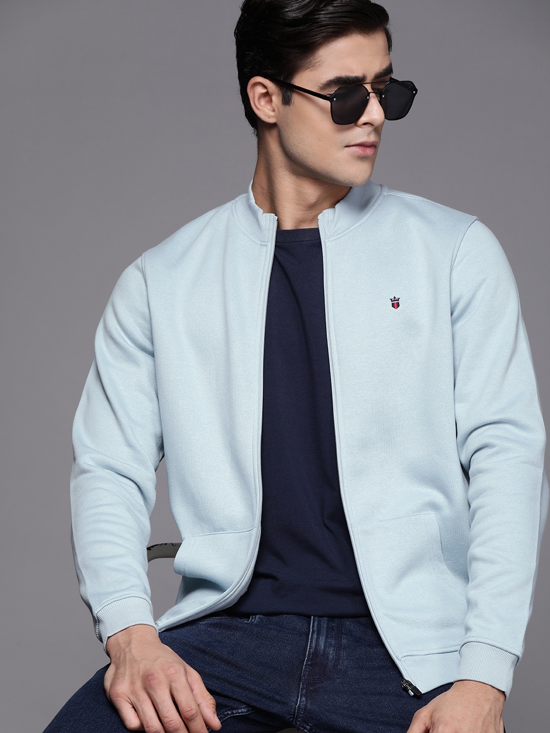 

Louis Philippe Sport Men Solid Front-Open Knitted Sweatshirt, Blue