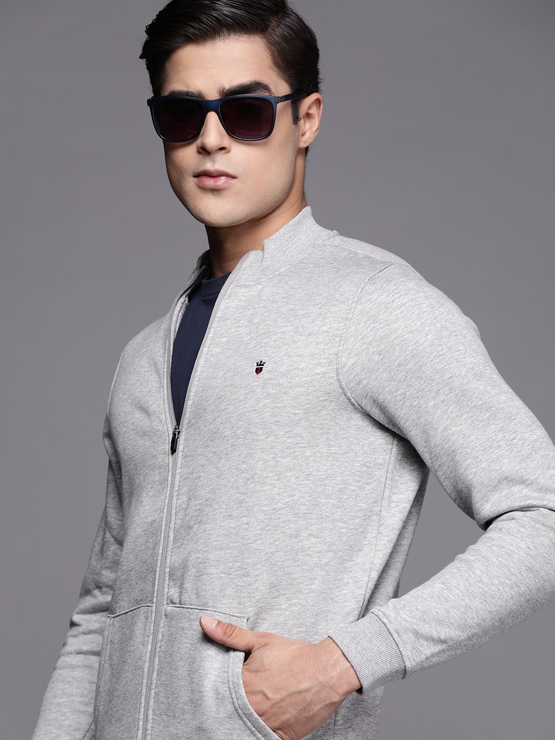 

Louis Philippe Sport Men Solid Front-Open Knitted Sweatshirt, Grey
