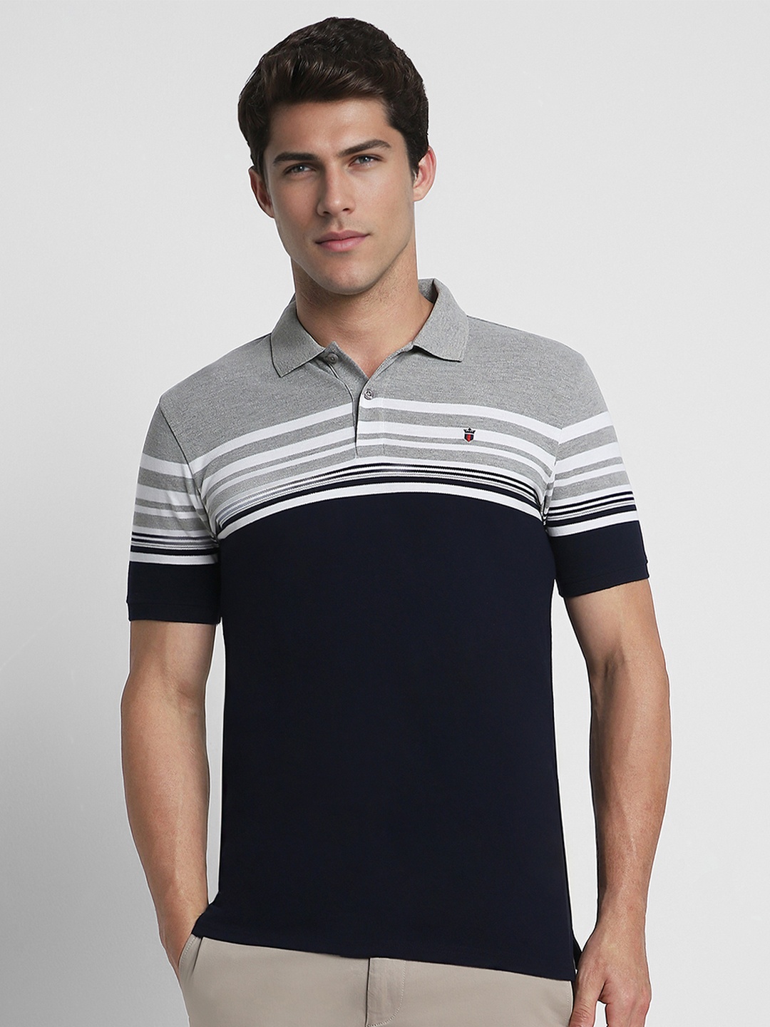 

Louis Philippe Sport Men Grey & Navy Blue Striped Polo Collar T-shirt