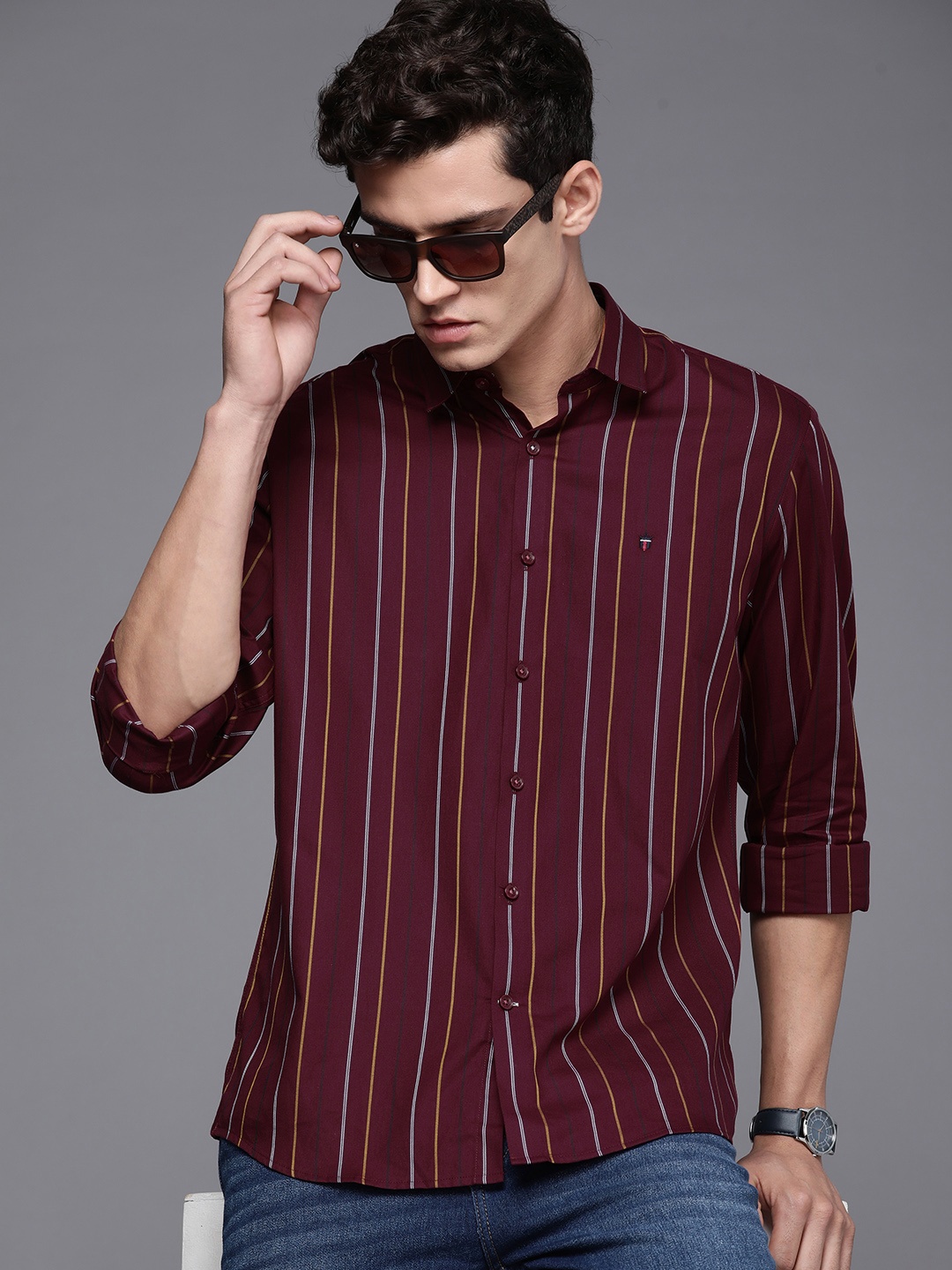 

Louis Philippe Sport Men Maroon Slim Fit Pure Cotton Vertical Striped Casual Shirt