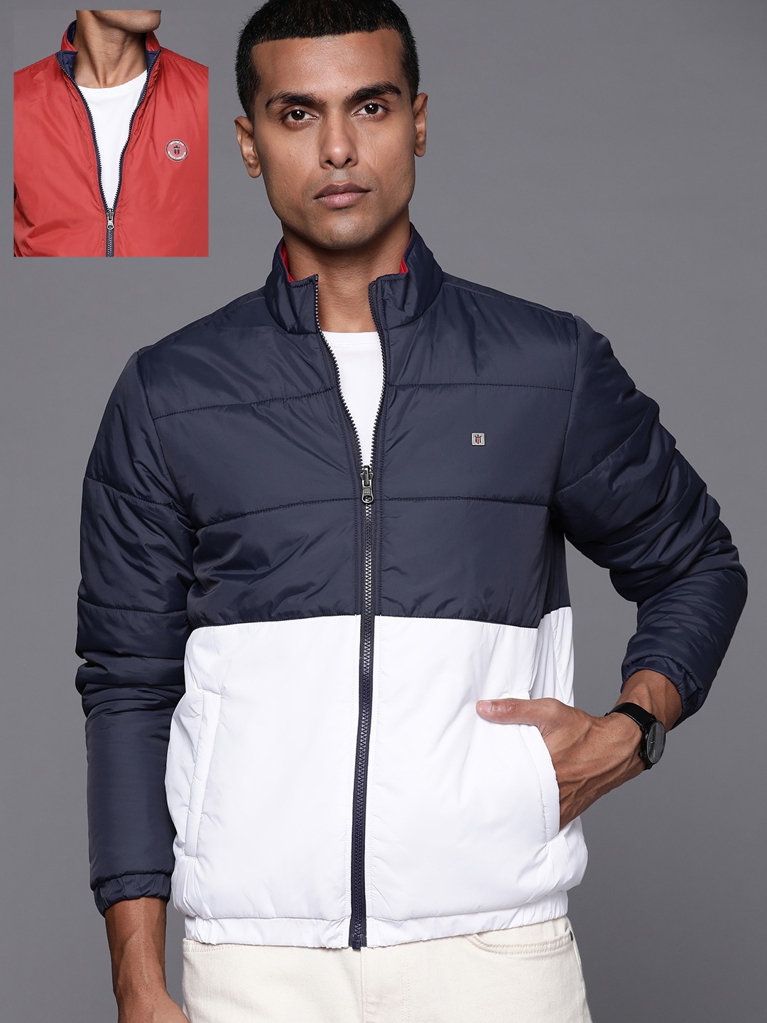 

Louis Philippe Sport Men Navy Blue & White Colourblocked Reversible Padded Jacket