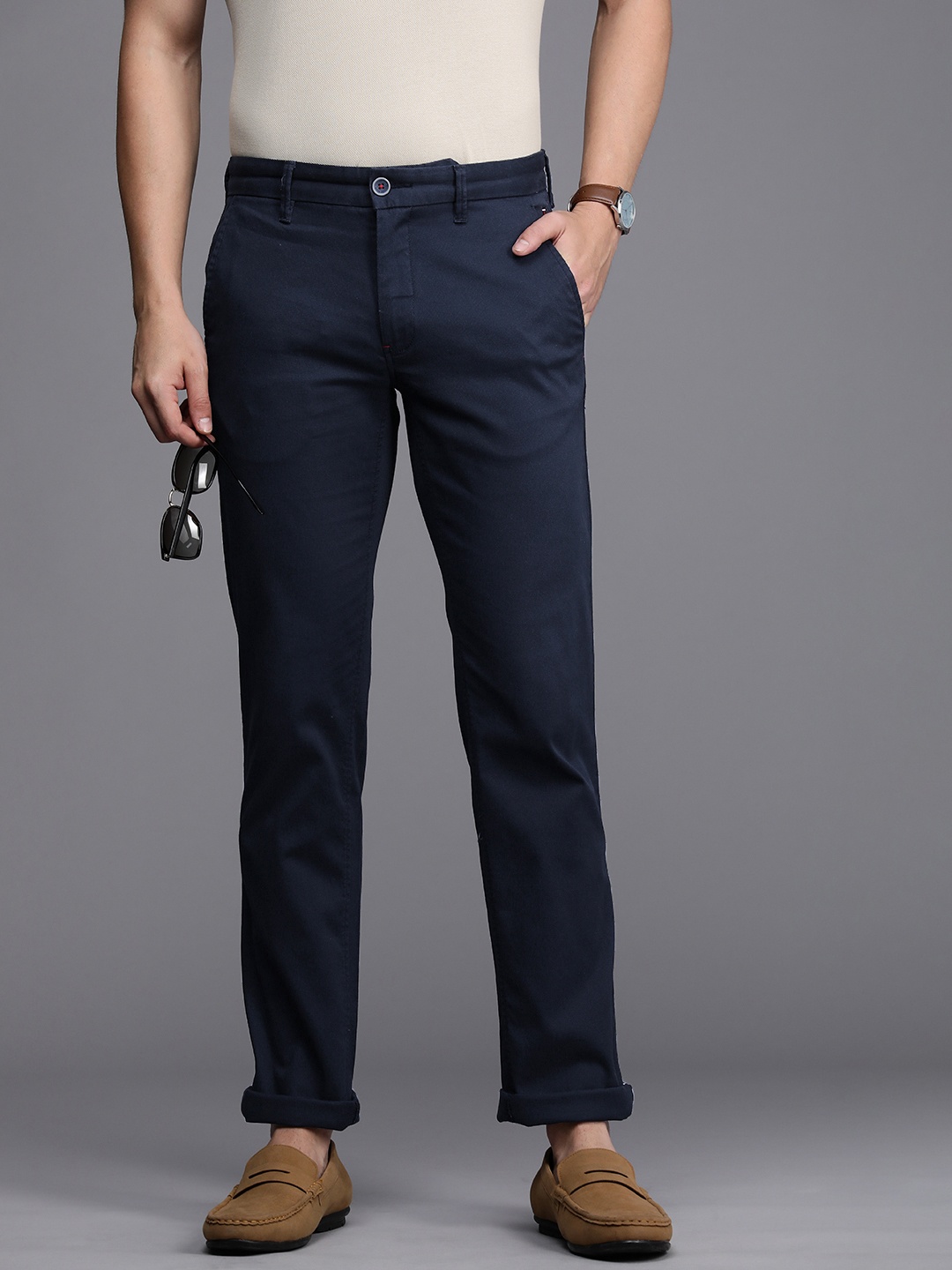 

Louis Philippe Sport Men Navy Blue Textured Comfort Slim Fit Trousers