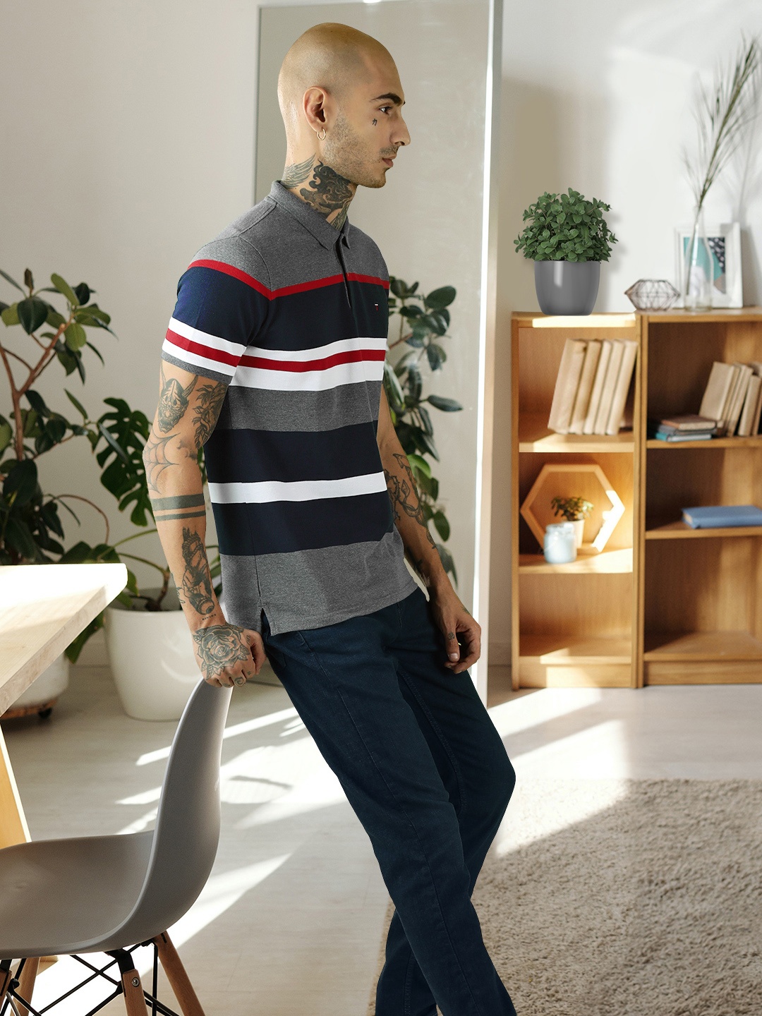 Louis Philippe Sport Men Charcoal & Navy Blue Striped Polo Collar T-shirt