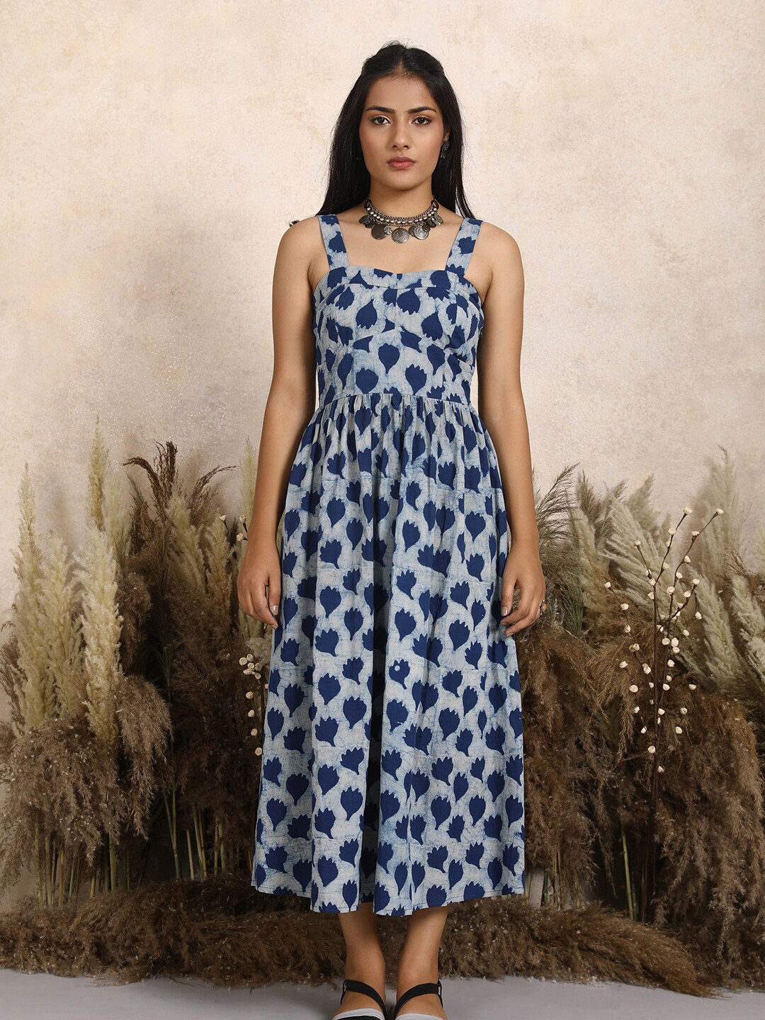 

Lake Peace Women Blue Ethnic Motifs Print Shoulder Strap Pure Cotton Maxi Dress