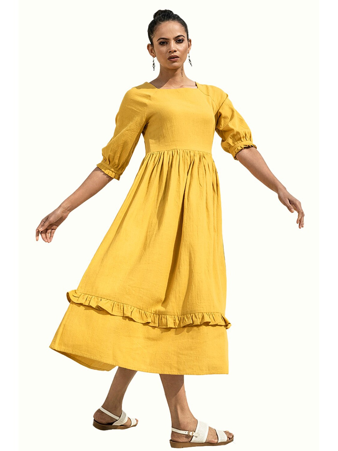 

Lake Peace Women Yellow Solid Lace Detail Pure Cotton Fit And Flare Midi Dress