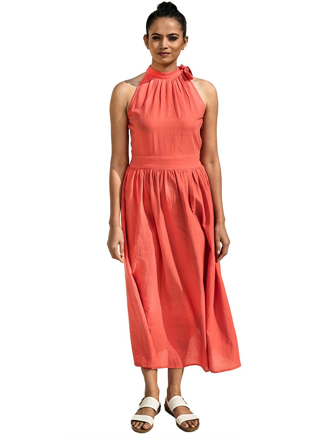 

Lake Peace Women Coral Solid Tie Up Neck Pure Cotton Fit And Flare Midi Dress