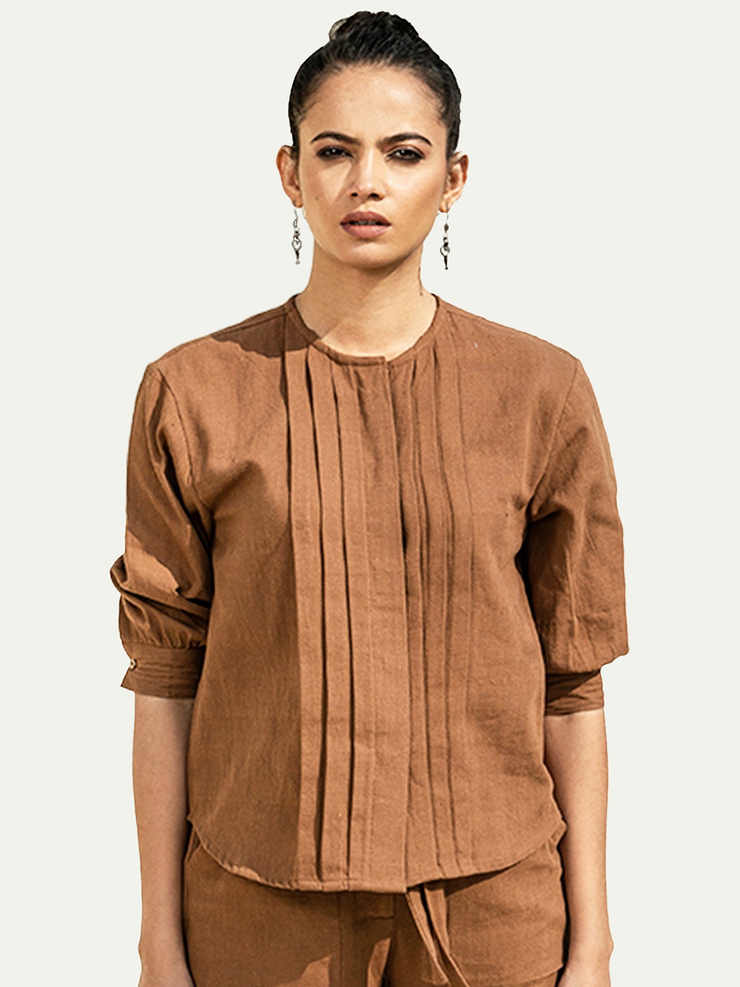 

Lake Peace Women Brown Solid Pleated Pure Cotton Top