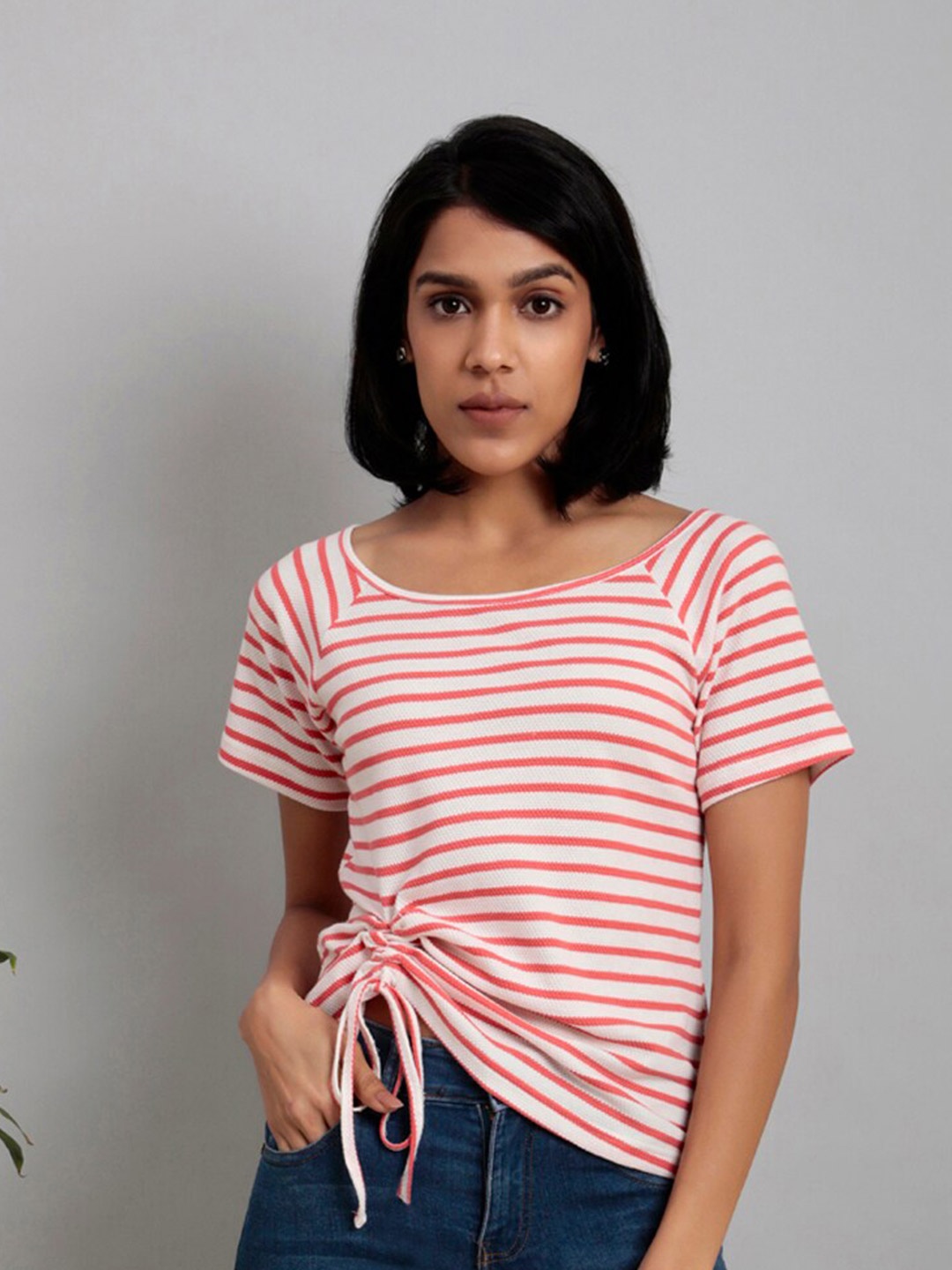 

Lake Peace Women White & Orange Striped Organic Cotton T-shirt