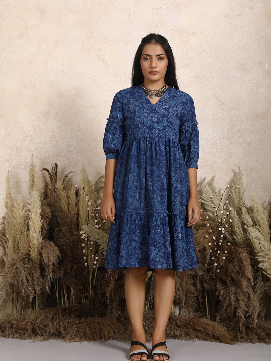 

Lake Peace Blue Floral Pure Cotton Empire Dress
