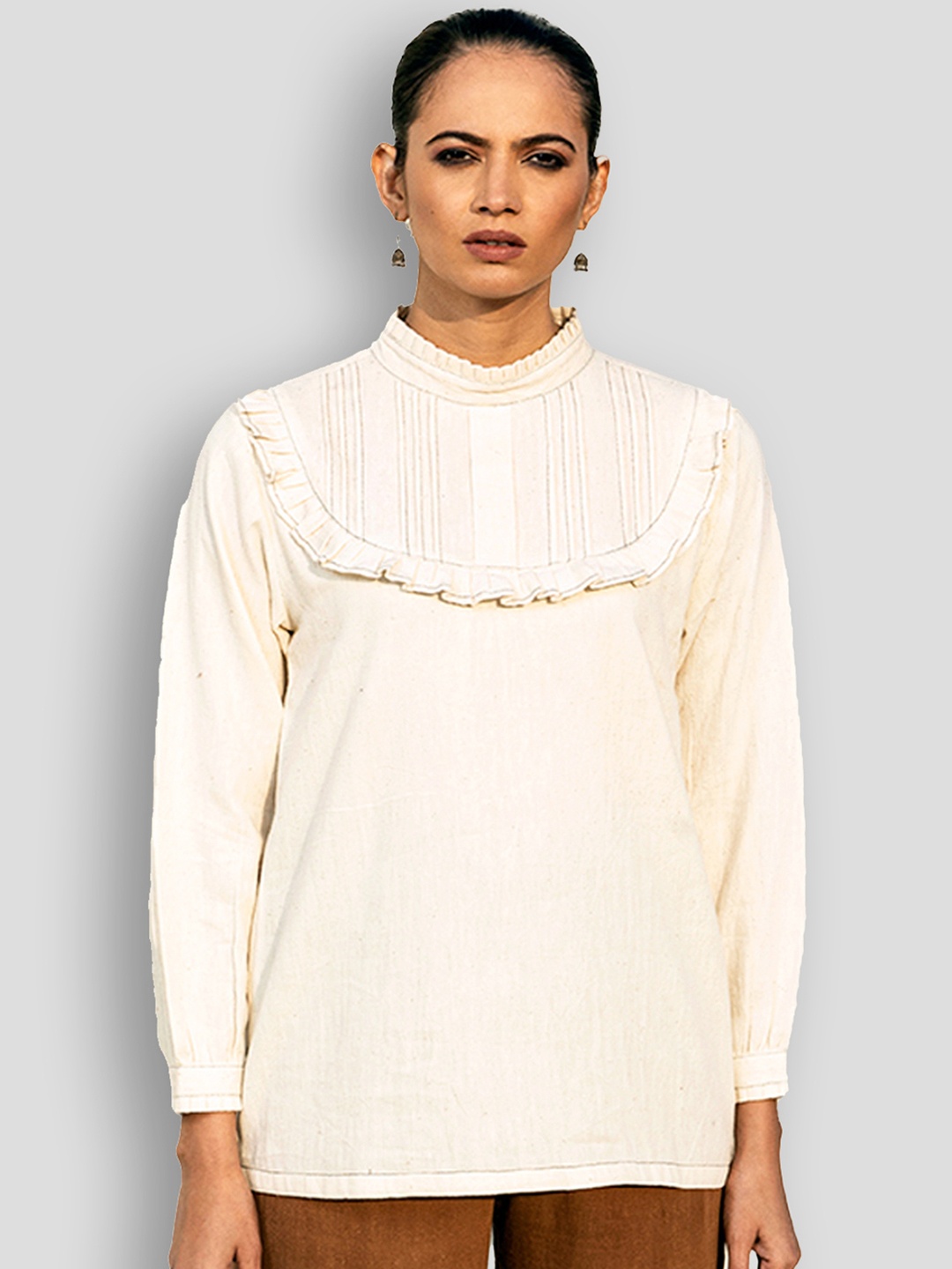 

Lake Peace Women Off White Solid Pure Cotton Top