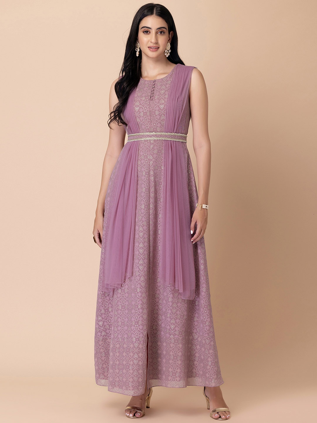 

INDYA X Ridhi Mehra Pink Foil Printed Draped Kurta with Belt