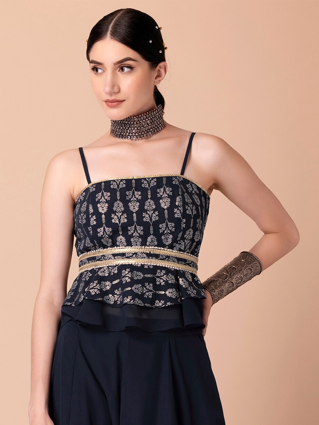 

INDYA X Ridhi Mehra Navy Foil Strappy Peplum Top, Navy blue