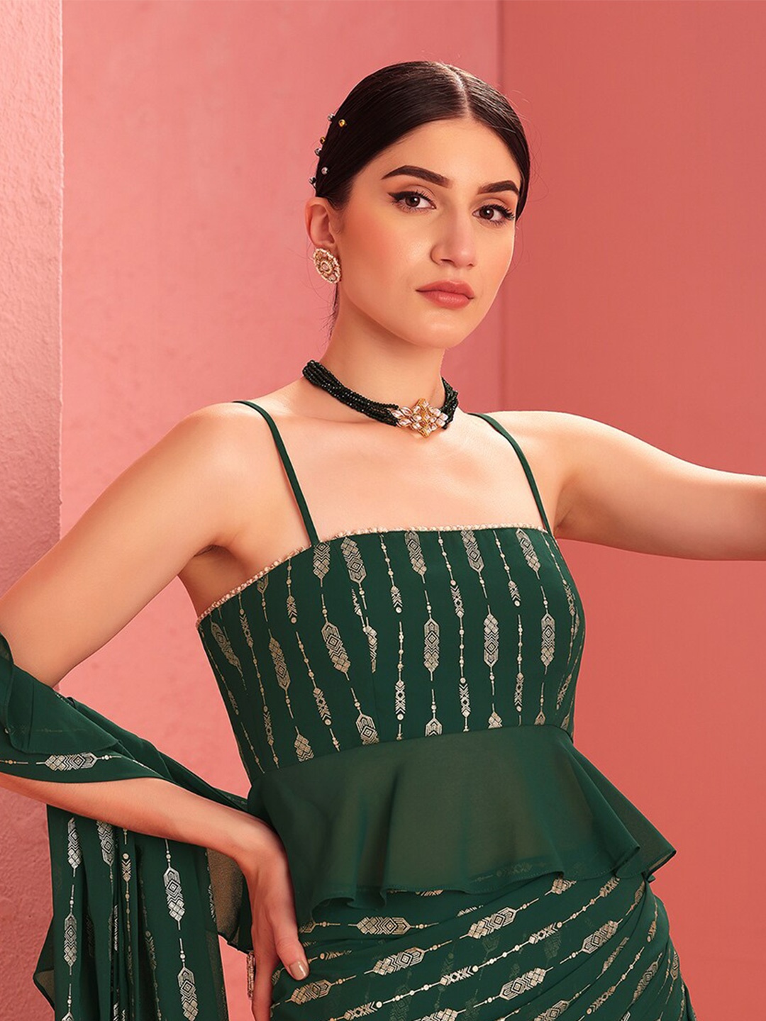 

INDYA Indya X Ridhi Green & Gold-Toned Embellished Georgette Peplum Top