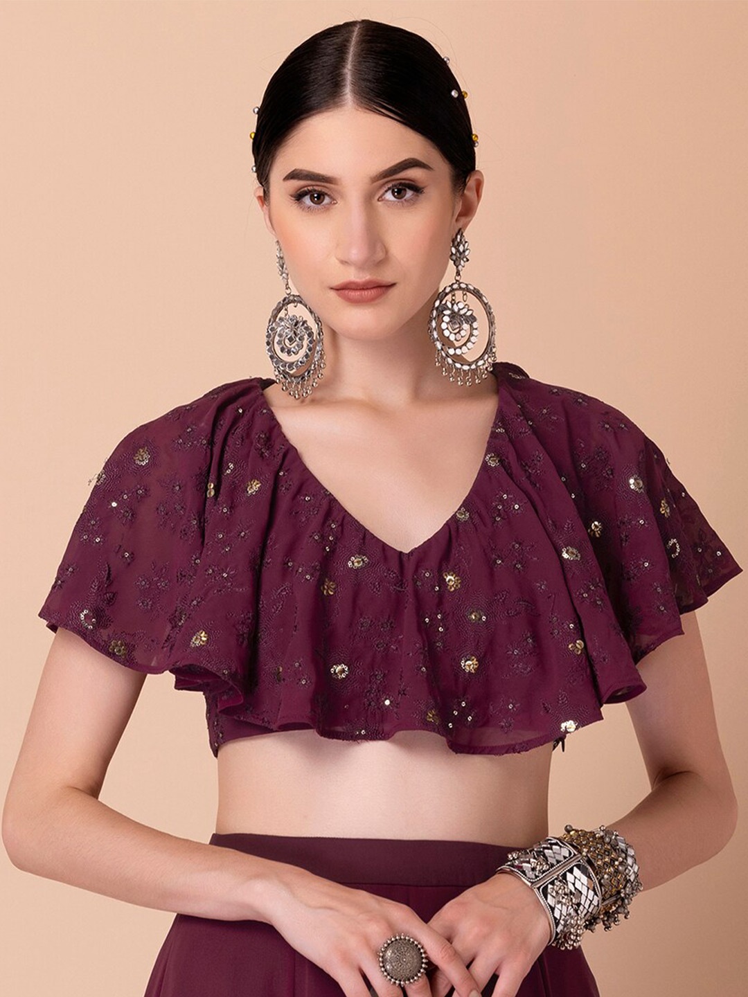 

INDYA X Ridhi Mehra Floral Embroidered Georgette Top, Maroon