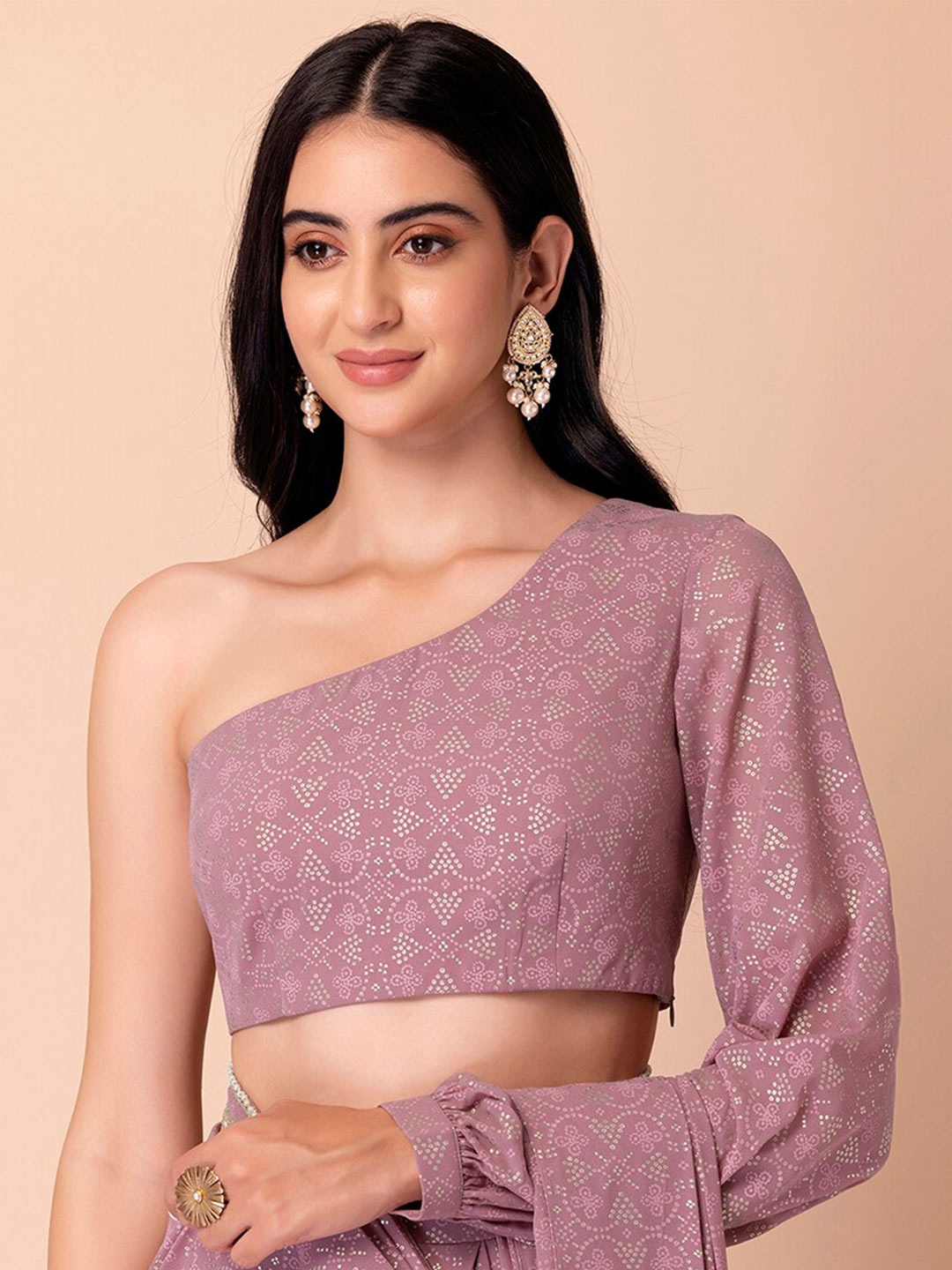 

Indya X Ridhi Mehra Geometric Print One Shoulder Georgette Crop Top, Pink