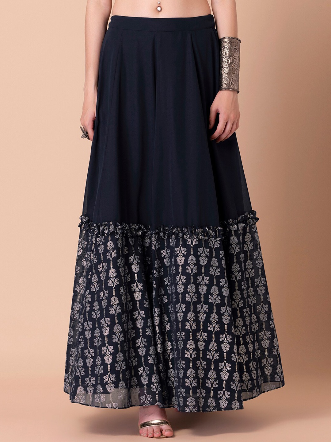 

INDYA X Ridhi Mehra Women Navy Blue & Gold-Coloured Printed Tiered Maxi Skirt