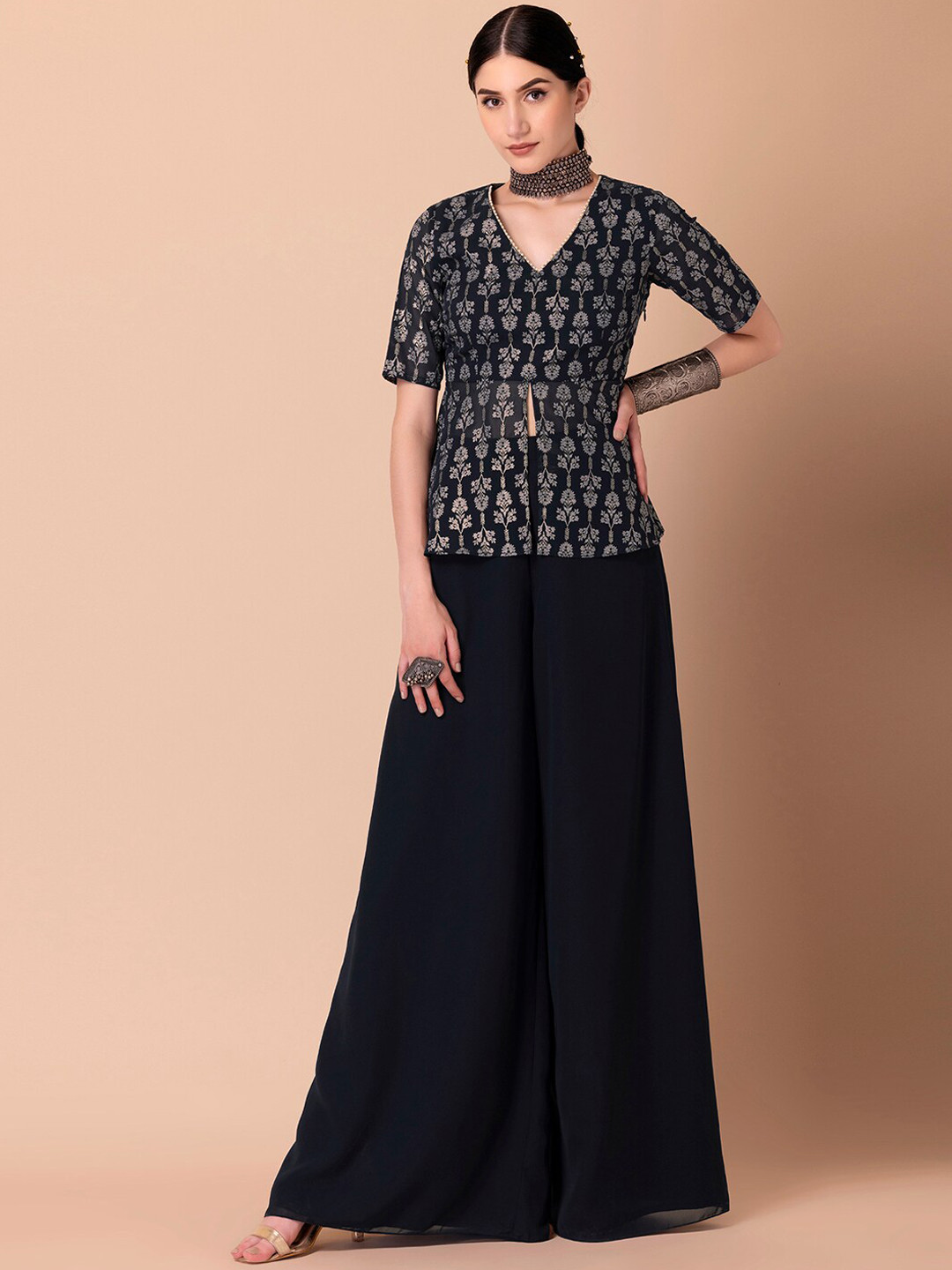 

INDYA Women Navy Blue Ethnic Motifs Printed Empire Top with Palazzos