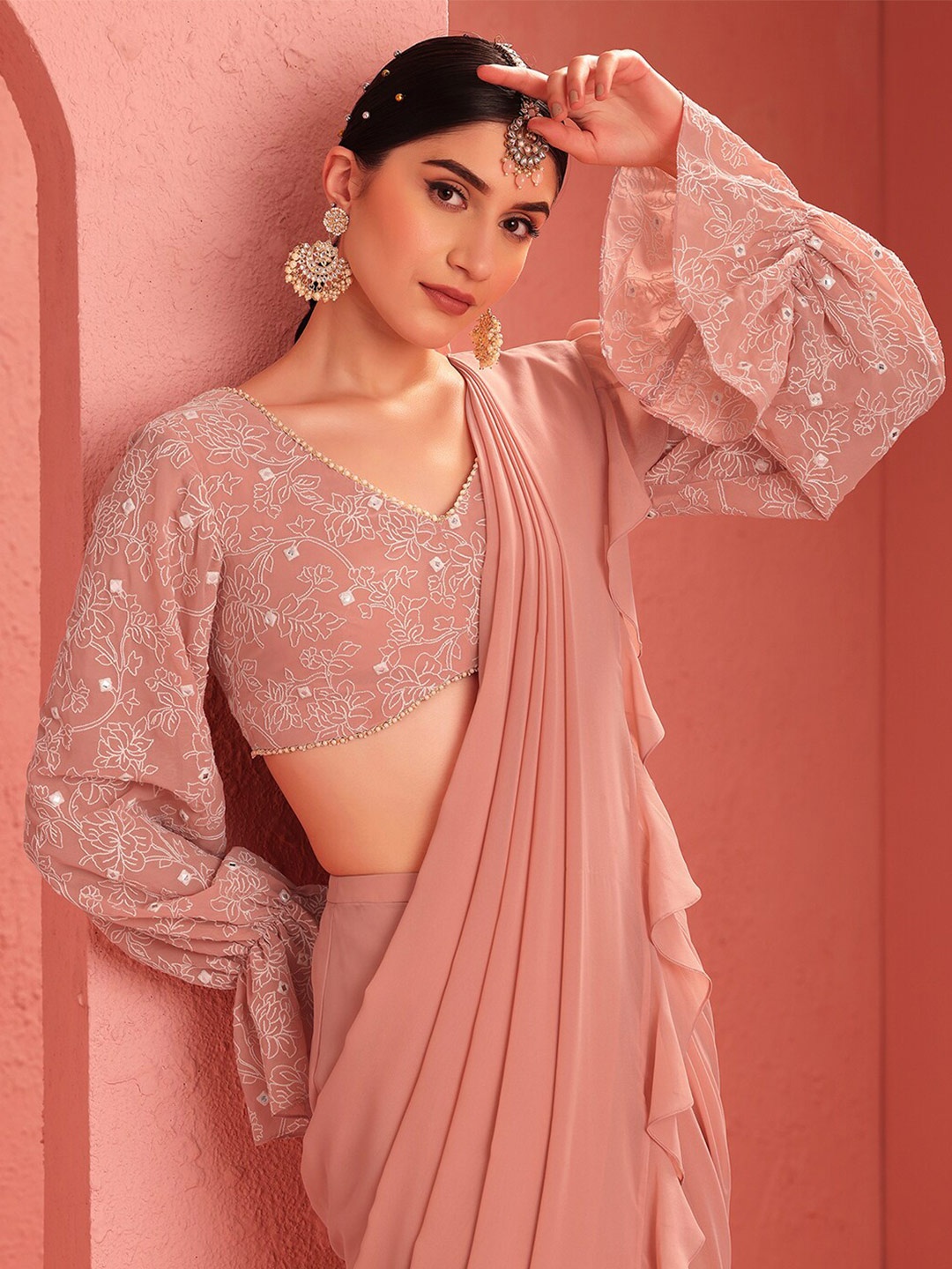 INDYA Pink Floral Embroidered Georgette Crop Top