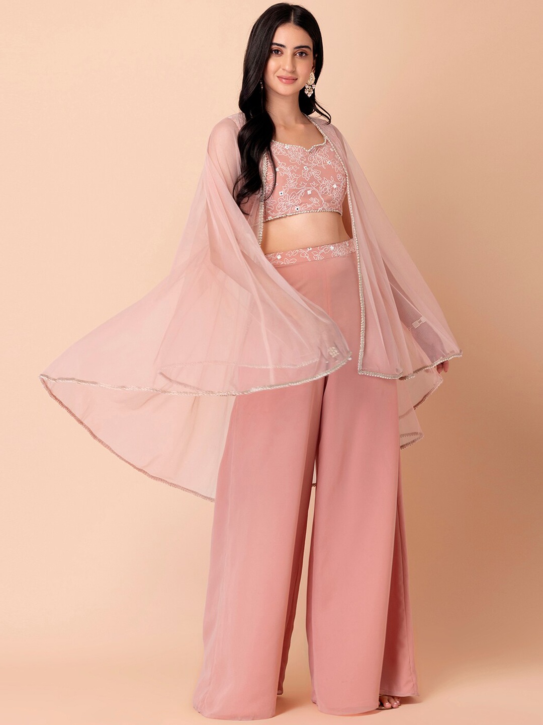 

Indya X Ridhi Mehra Women Pink Cape Jacket With Embroidered Top And Sharara Pants