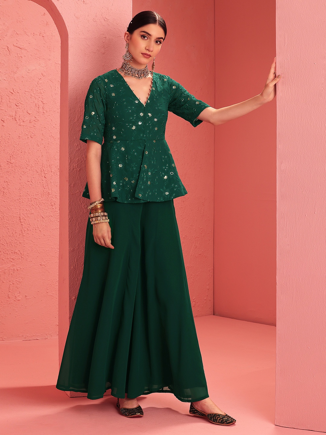 

INDYA X Ridhi Mehra Emerald Green Embroidered Peplum Top with Sharara