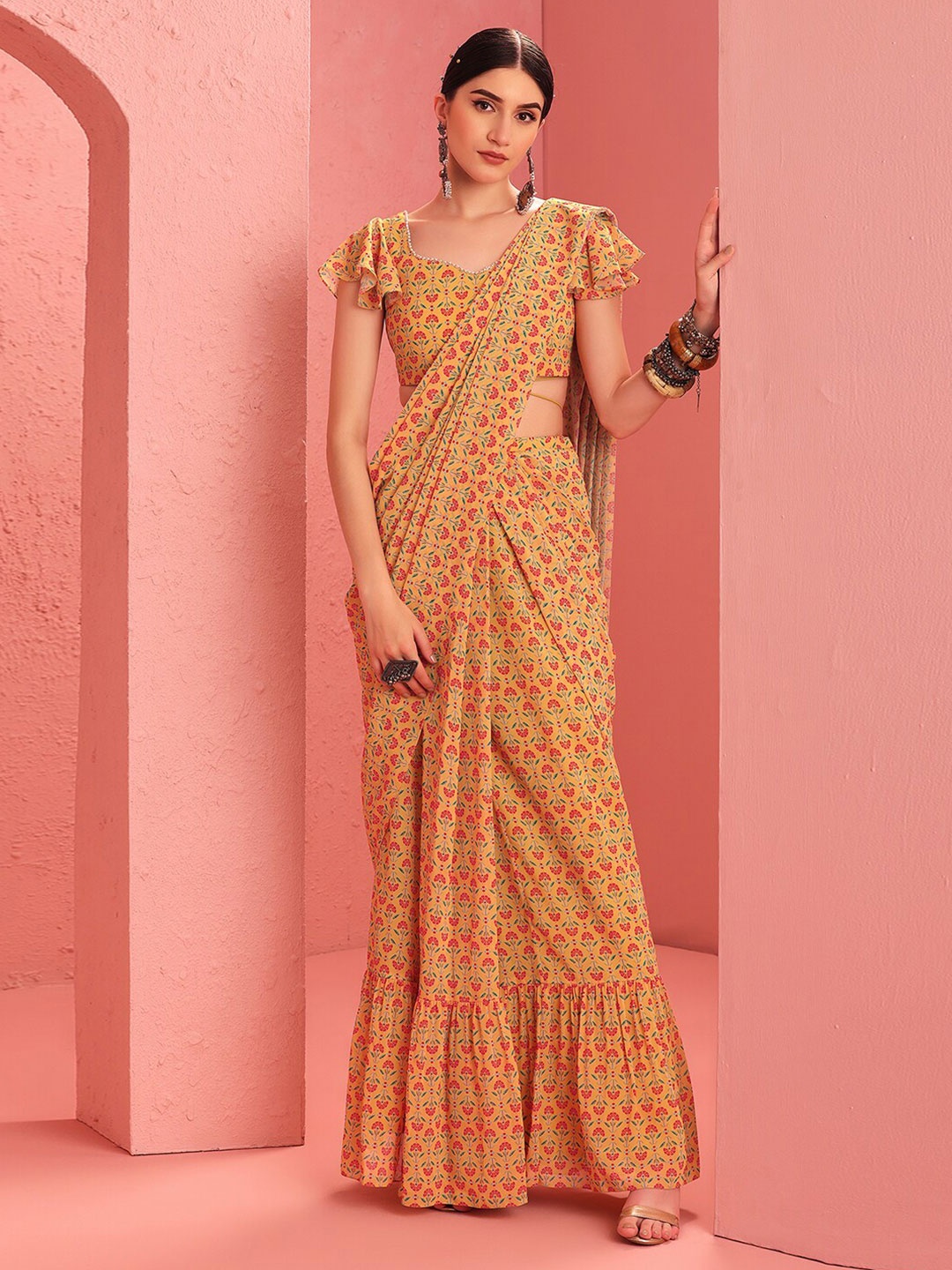 

INDYA Yellow & Red Floral Printed Ruffled Saree