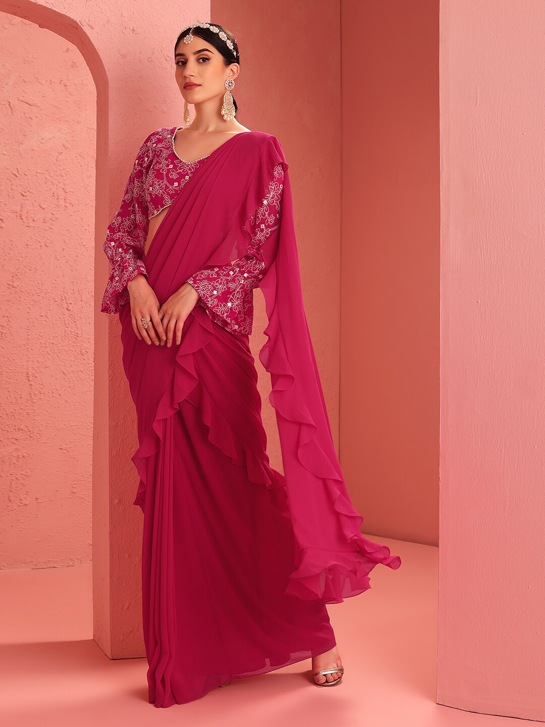 

INDYA X Ridhi Mehra Pink Ruffled Pre-Stitched Saree