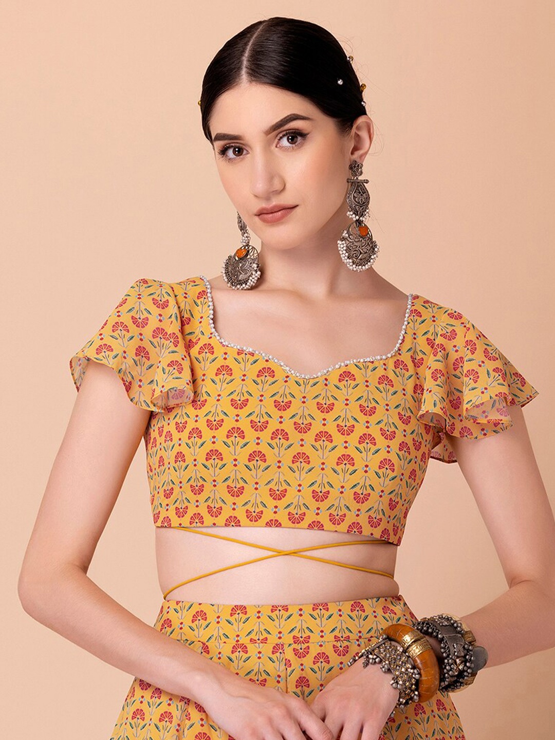 

INDYA Yellow Floral Print Georgette Crop Top