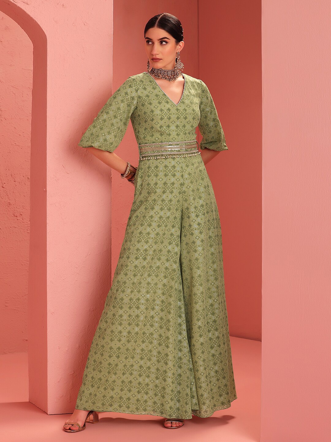 

INDYA Green Printed Basic Jumpsuit