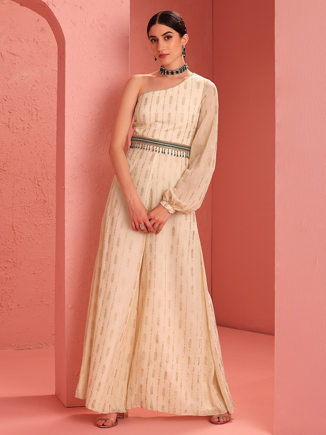 

INDYA X Ridhi Mehra Cream-Coloured Foil Printed One Shoulder Jumpsuit with Belt