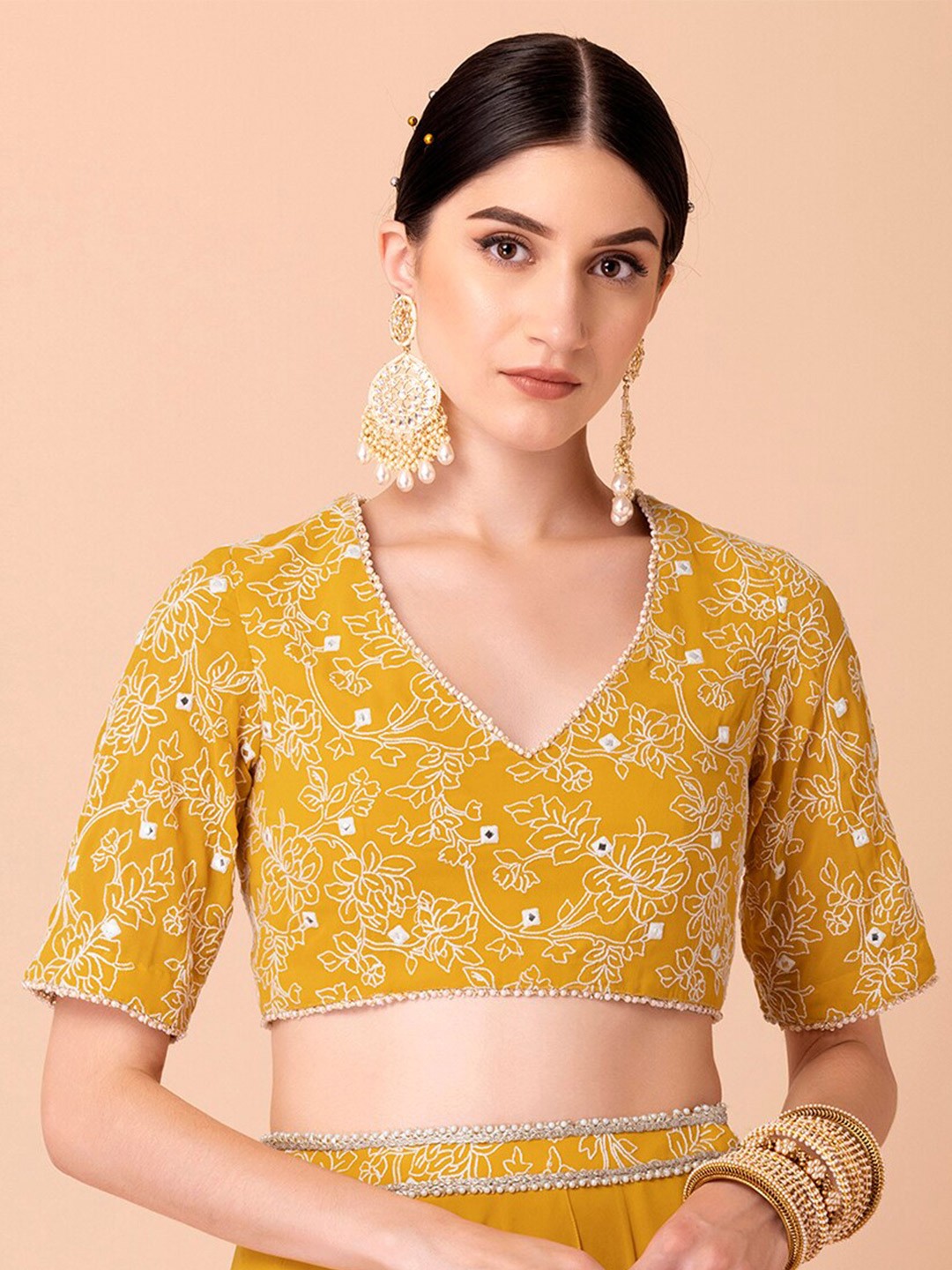 

INDYA Women Yellow Floral Print Georgette Crop Top