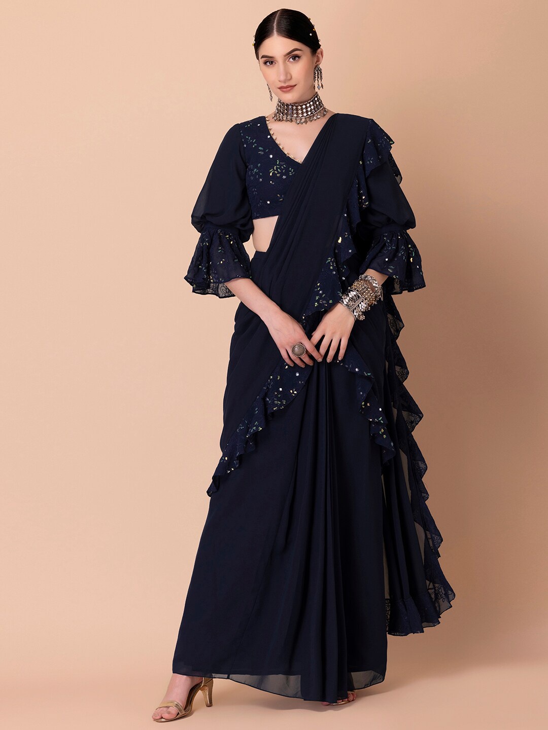 

INDYA X Ridhi Mehra Navy Blue Sequin Embroidered Ruffled Pre-Stitched Saree