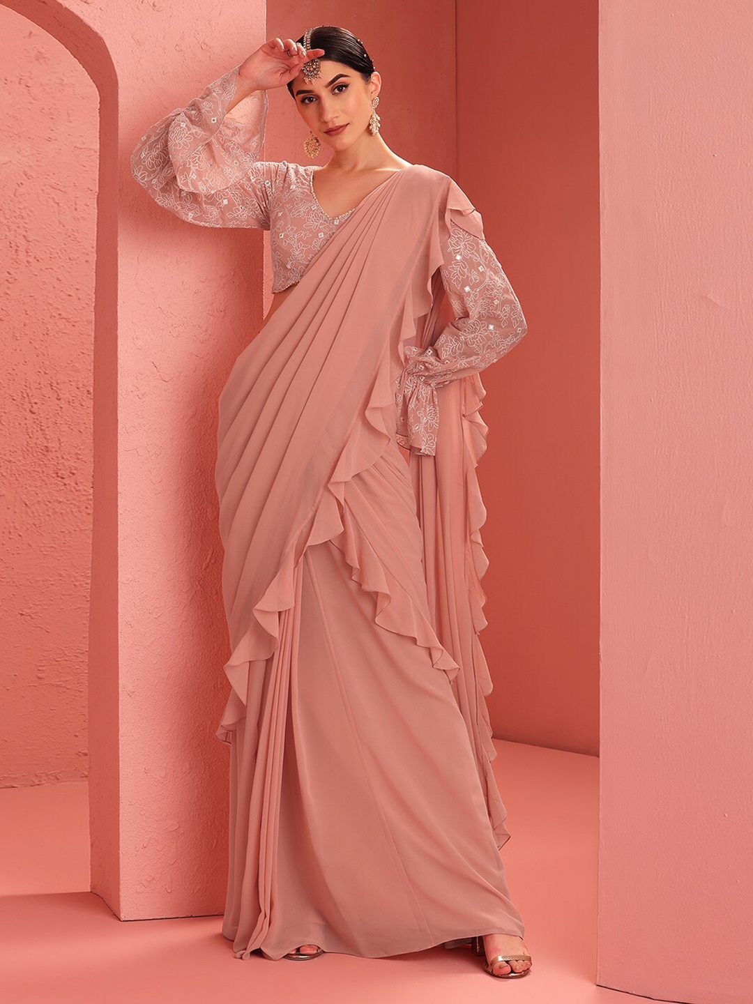 

INDYA X Ridhi Mehra Pink Ruffled Pre-Stitched Saree