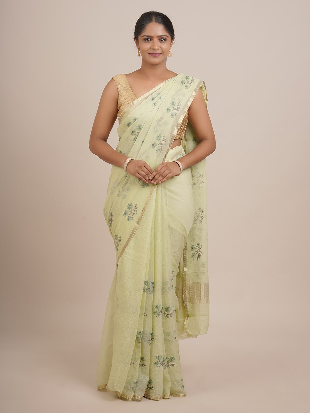 

Pothys Green & Grey Floral Pure Chiffon Saree