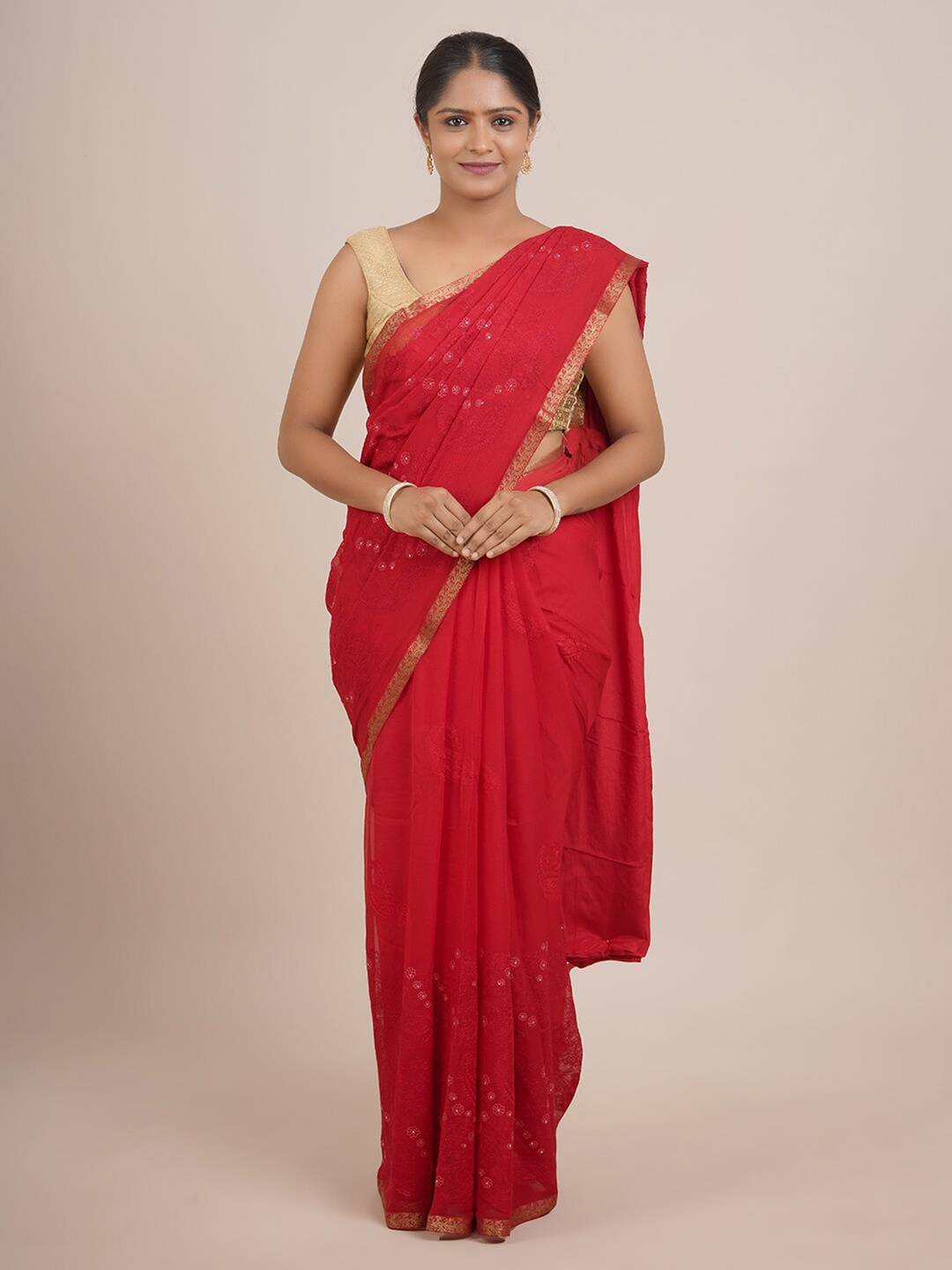 

Pothys Red & Silver-Toned Floral Embroidered Pure Chiffon Saree