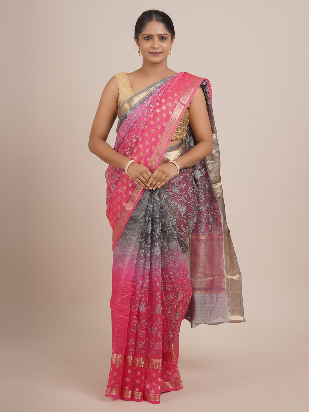 

Pothys Pink And Gold Toned Floral Print Zari Pure Silk Saree