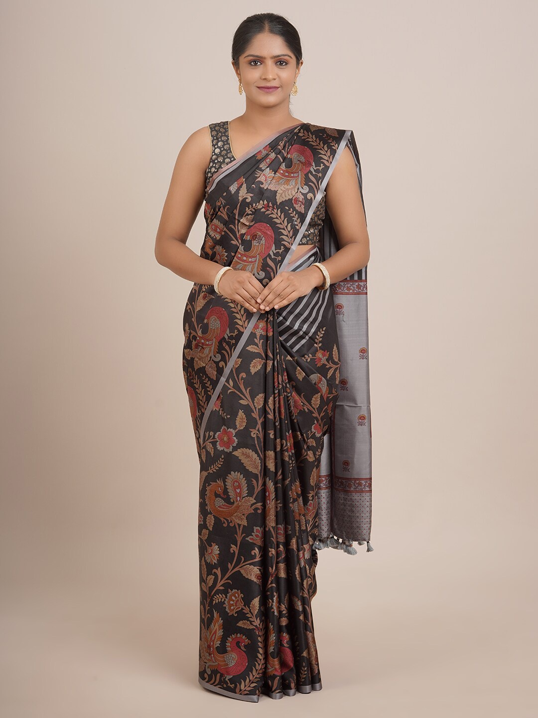 

Pothys Black And Red Ethnic Motifs Print Pure Silk Saree