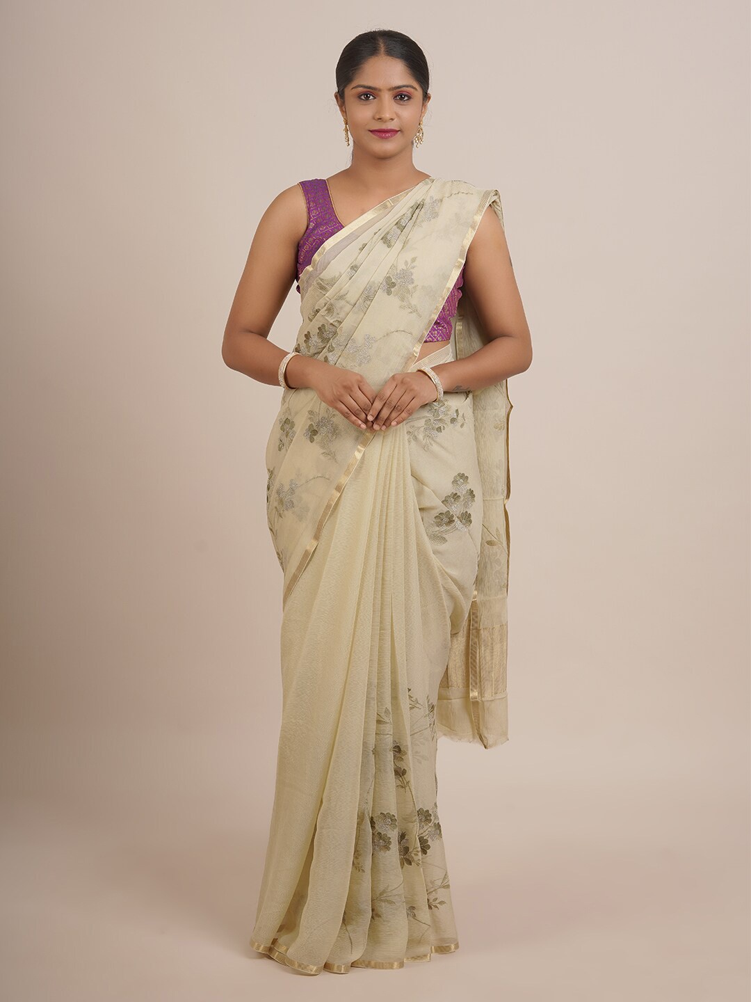 

Pothys Yellow And Gold Toned Floral Embroidered Zari Pure Chiffon Saree