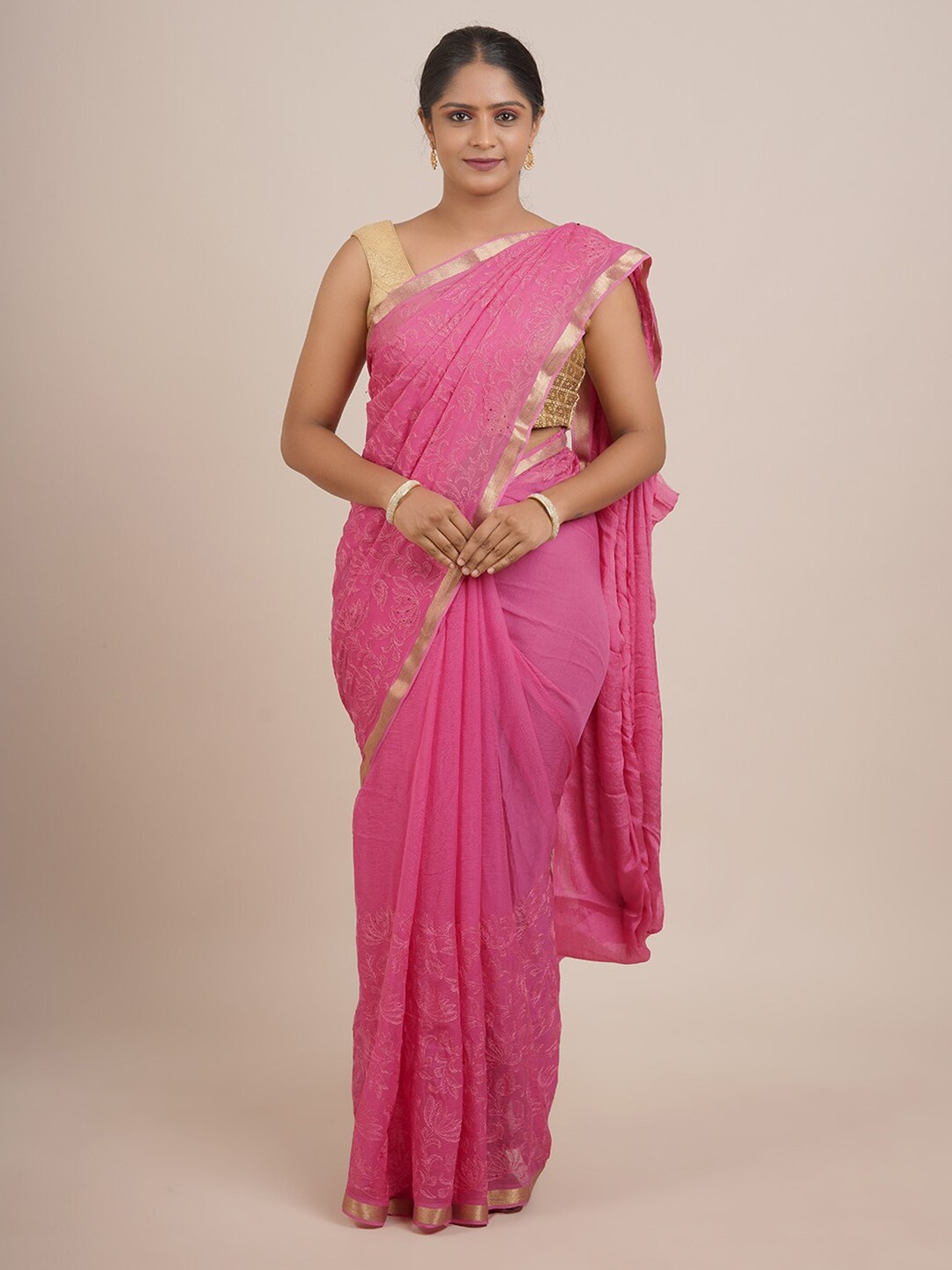 

Pothys Pink And Gold Toned Floral Embroidered Zari Pure Chiffon Saree