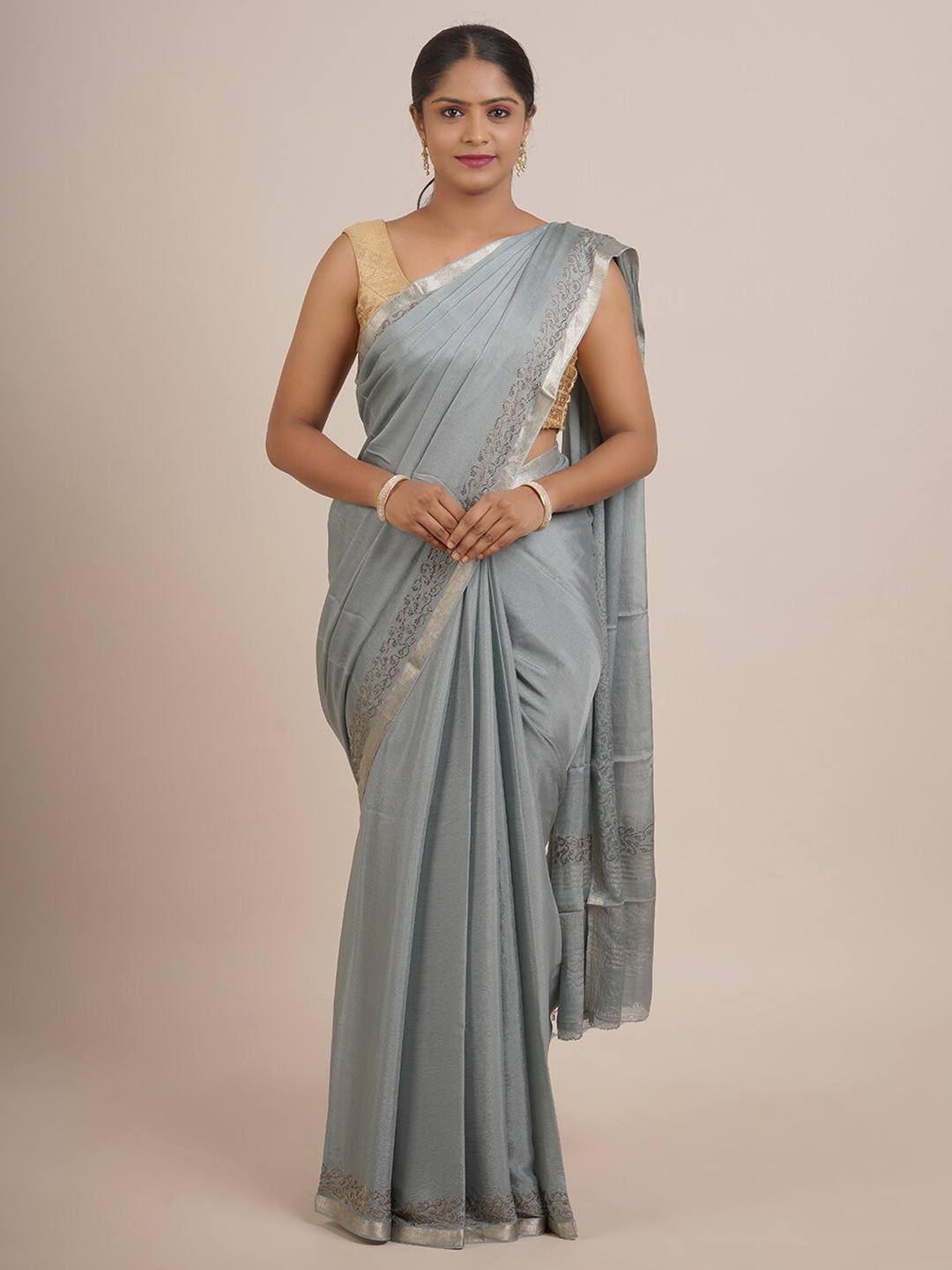 

Pothys Grey & Silver-Toned Beads and Stones Pure Chiffon Saree
