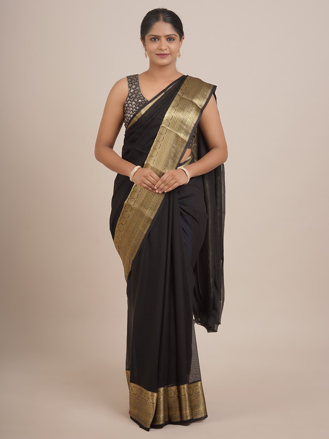 

Pothys Black & Gold-Toned Zari Pure Georgette Saree