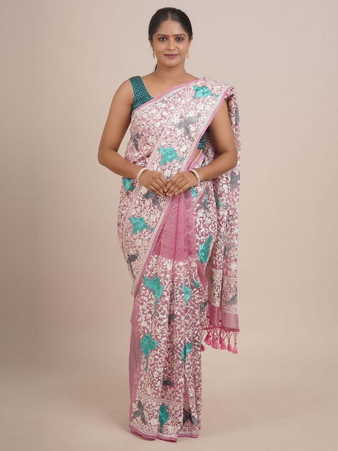 

Pothys Pink & White Floral Embroidered Saree
