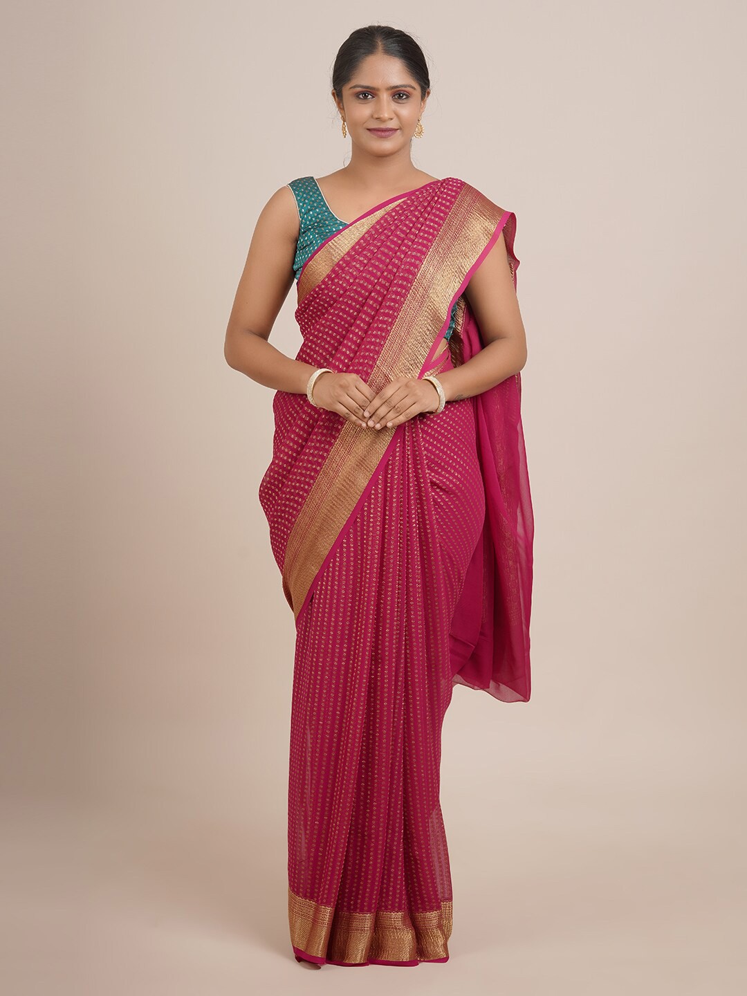 

Pothys Pink & Gold-Toned Ethnic Motifs Zari Pure Georgette Saree