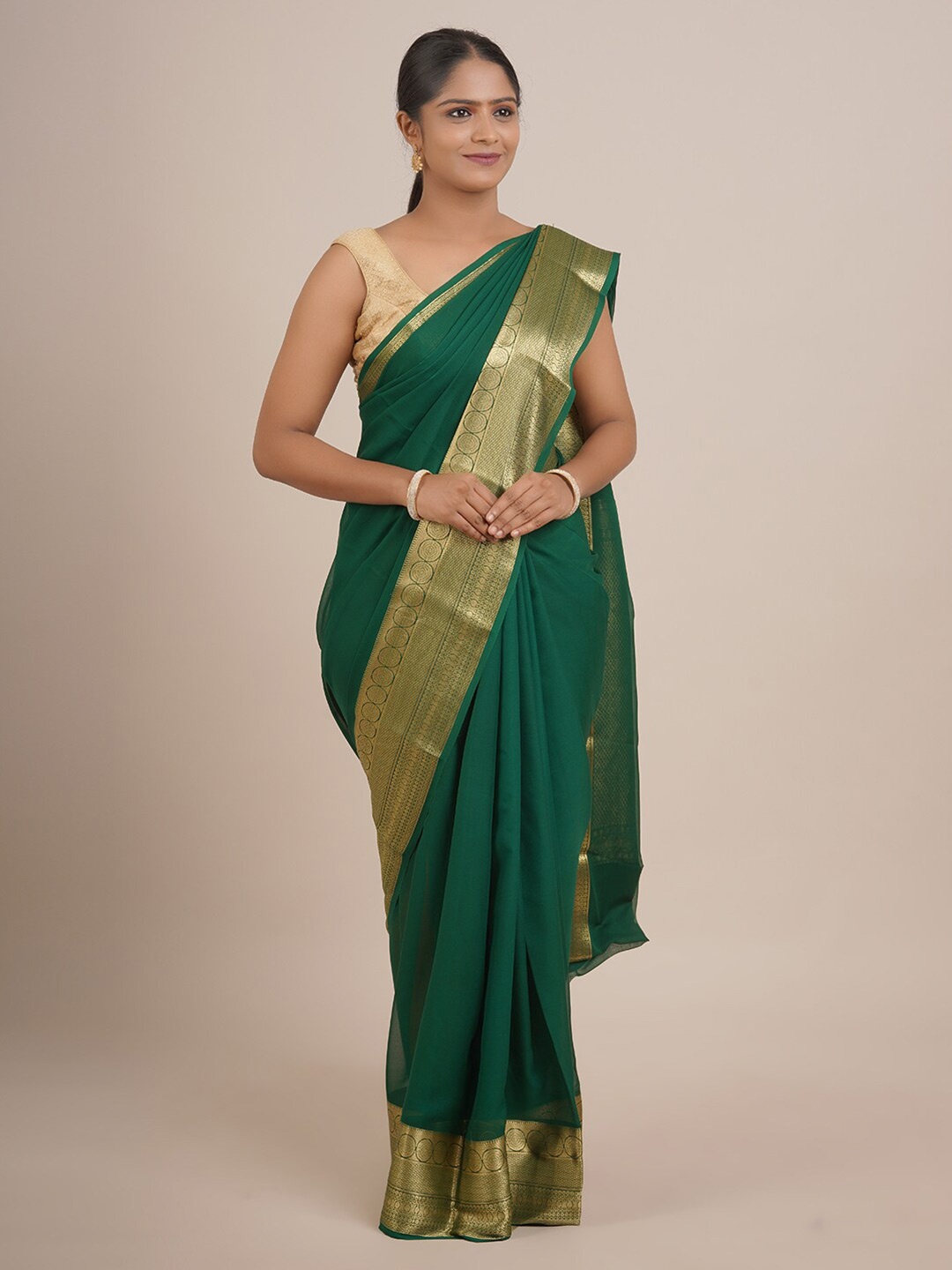 

Pothys Green & Gold-Toned Zari Pure Georgette Saree