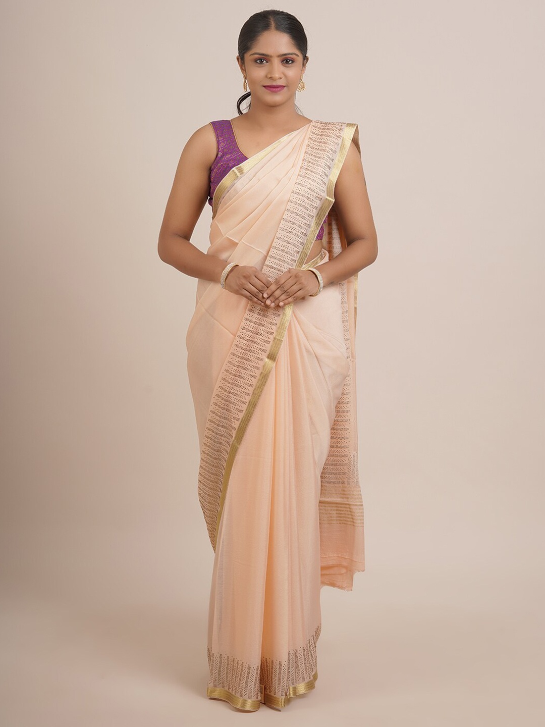 

Pothys Peach-Coloured & Gold-Toned Beads and Stones Pure Chiffon Saree