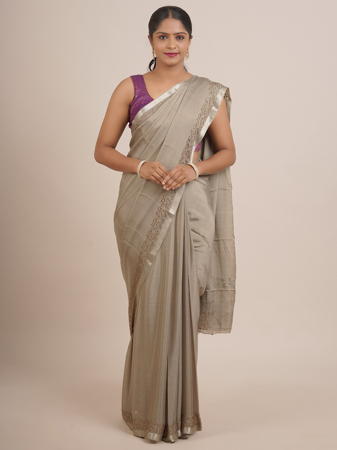 

Pothys Grey & Gold-Toned Beads and Stones Pure Chiffon Saree